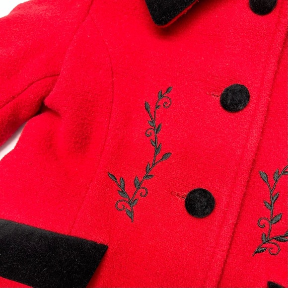 London Fog Red Wool Blend Coat with Black Velvet Trim Embroidered Details 3T - Picture 6 of 16